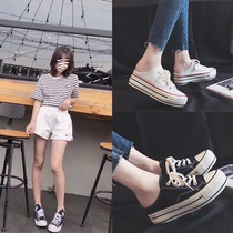 Stars with the same no heel in the increase canvas shoes womens 2021 spring half slippers thick bottom leisure one pedal lazy shoes