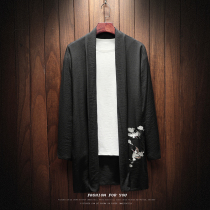 Mens Spring and Autumn New Chinese style crane embroidery windbreaker cotton and hemp cardigan jacket long cloak mens Hanfu tide