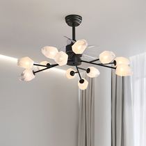 All copper black fan lamp living room crystal molecular ceiling fan lamp Nordic restaurant bedroom frequency conversion remote control fan chandelier