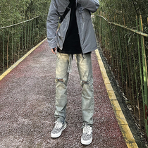 FOG trouser legs zipped upholster pants retro high street vibe hip hop pants knees breaking holes with jeans male