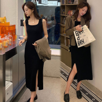 Good morning ~ spring summer 2022 new cotton dress appears thin underneath vest with suspender slit black base long skirt