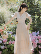 Sandro Monsl French style gentle wind superfairy sweet and long dress to collect waist v collar vintage slim one-piece dress Womens summer
