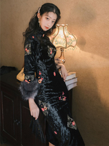 Black velvet dress modified cheongsam female winter thick high texture autumn and winter long sleeve young girl