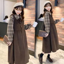 Pregnant womens autumn strap skirt plaid shirt two-piece Large size medium long knee slim dress set