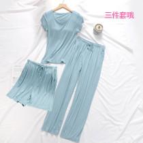 Japanese simple solid color womens three-piece suit summer pajamas Short-sleeved shorts pants Modal thin home clothes