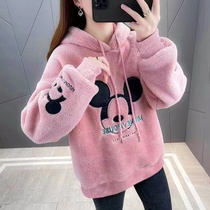 Pregnant womens lamb velvet jacket autumn and winter plus velvet sweater female hooded loose long sleeve top female foreign-looking cute