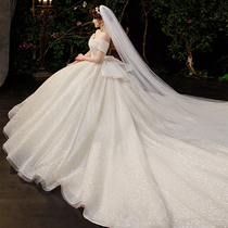  One-shouldered wedding dress 2021 new bride summer big tail luxury princess high-end heavy industry court style main yarn