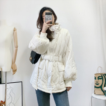 Temperament waist lace down cotton coat female stand collar 2021 Winter new Korean version thin thick short bread cotton coat