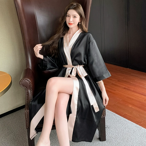 Пижама, банный халат, шелковая летняя тонкая длинная юбка, топ с чашечками, комплект, изысканный стиль, средней длины, городской стиль