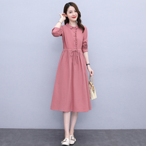 Four season Green womens new Hangzhou 2021 autumn vintage age cotton dress Foreign color waist thin skirt