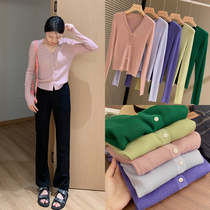 Biding self-formulated dyeing macarronic spring new blouse with three grain buttons v collar short wool knit cardiovert woman