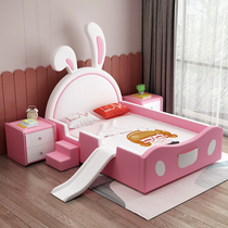 Childrens bed girl princess bed Solid wood with fence Pink girls bedroom single bed Cartoon rabbit bed