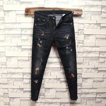 Chao brand Korean version of slim embroidery patch mens jeans trend fashion elastic small feet pants youth casual mens pants