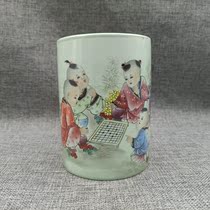 Qing Tongzhi pastel green glaze childrens play picture pen holder antique porcelain antique antique leak collection ornaments