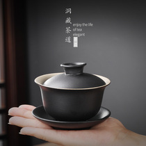 Hole Hidden Building Black Pottery Cover Bowl Large Number Home Three Talents Bowl Coarse Pottery Cover Bowl Tea Cup Ceramic Utilita Tea Tea Tea