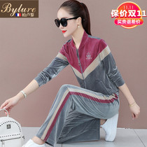 Golden Velvet Sports Leisure Set Women 2021 New Fashion Color Corduroy Wide Leg Pants Two Piece Set