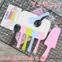 Birthday cake tableware plate disposable plastic set knife and fork plate paper plate candle four-in-one 200 sets