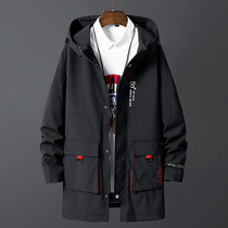 Fat Man large size hooded windbreaker male long spring and autumn loose fat plus large size Korean tooling jacket coat tide