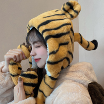 Tiger cartoon tiger head hat scarf one female winter cute funny head cover winter warm girl children