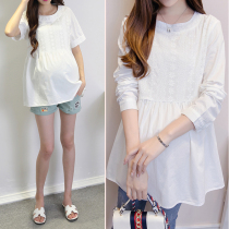 2022 Spring loaded with new round neckline jacquard splicing pregnant women T-shirts A version of loose blouses Summer pure cotton beating bottom lining clothes