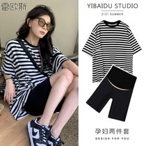 Maternity clothes summer thin striped short-sleeved t-shirt top denim shorts womens summer wear five-point pants net red suit
