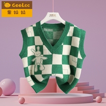 Girls waistcoat outside wearing 2022 spring autumn season new childrens knitted sweatshirt jacket head vest female baby waistcoat chessboard grid
