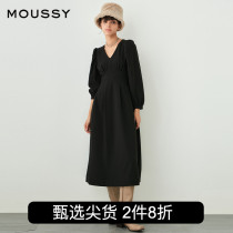 MOUSSY Fall Commuter V Neck High Waist Line Puffed Sleeves Long Dress 010EA730-7470