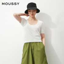 MOUSSY Spring summer pure color low round collar body knit short sleeve T-shirt 010ES770-0650