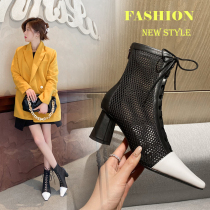 Square Head Hollowed-out Mesh Yarn High Heel Shoe Woman 2022 New Temperament Van Dermis Martin Boots Petty senior sensation