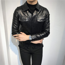 Tide brand 2021 autumn new mens leather jacket lapel slim motorcycle short jacket Korean casual mens