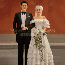2021 New retro Republic of China wind wedding classical lace lace shoulder white gauze light wedding dress photography uniform