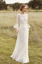 Lawn wedding gauze Retro white lace trumpet sleeve light wedding dress Outdoor bridal dress Toast dress dress skirt