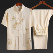 Middle-aged mens summer suit Tang suit Tang suit mens short sleeves Chinese style embroidery loose dad size morning exercise suit Hanfu