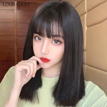  Wig female summer long hair natural real hair comic Qi bangs full headgear Black long straight hair Full real hair wig set