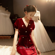 Famous) Monica toast bride 2021 New velvet cheongsam summer engagement female red dress dress