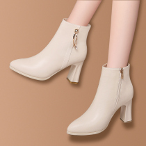 Small heel boots womens single boots spring and autumn 2021 new all-match fashion beige pointed high heels thick heel shoes women