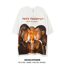 UXXXUSUDIO Original Chaobou Aby Wind Dark Department portrait printed T Male Summer Loose Lovers Short Pomace