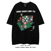 BORFEND retro tide brand two-dimensional cartoon printing loose mens and womens hip-hop American high street couple tee