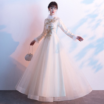 Cheongsam evening dress female 2021 New banquet temperament Chinese bridesmaid dress winter thick warm long sleeve champagne color