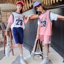 Girls basketball uniform 2021 New Chinese children Korean version of foreign sports fake two-piece Jersey set childrens performance clothing