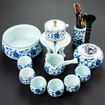 Kunde blue and white porcelain automatic Kung Fu tea set Household lazy anti-scalding stone grinding tea maker Ceramic teapot Teacup