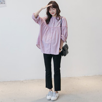 Spring new maternity clothes Korean version of personality fashion ear edge neckline Long sleeve striped shirt loose thin top