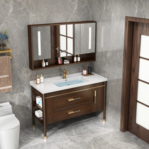 Modern new Chinese rock board bathroom cabinet solid wood floor washroom bathroom ceramic integrated washbasin cabinet combination