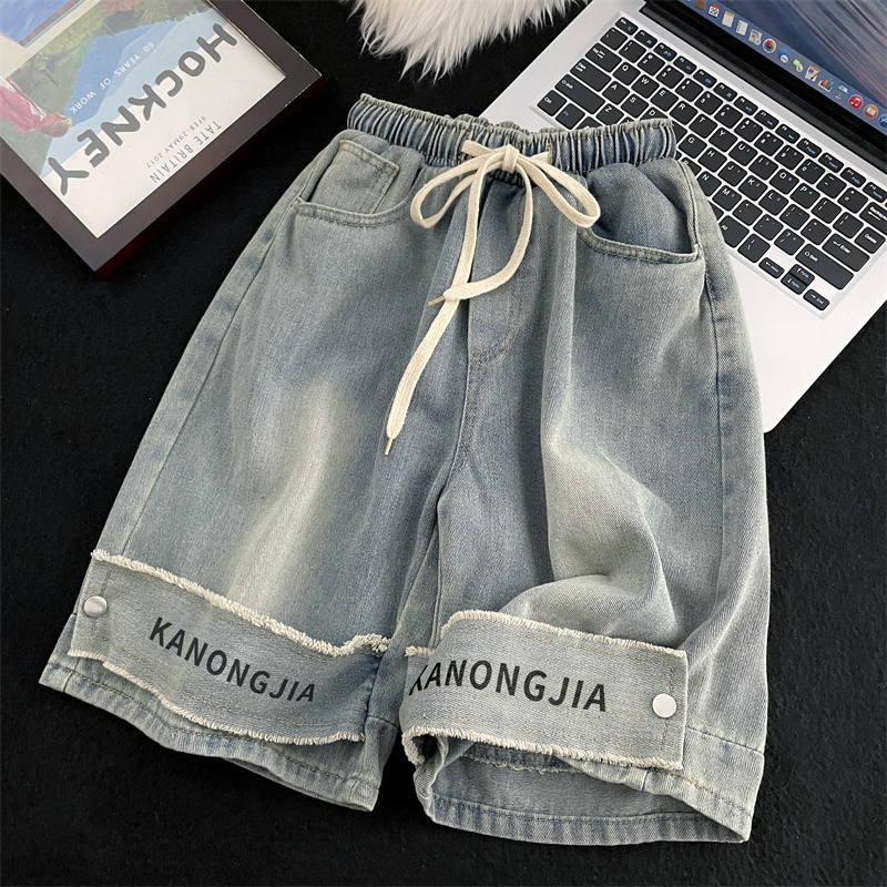 Yellow mud denim shorts, men's trendy brand, ruffian and handsome, American retro washed and worn-out work style, loose fitting casual five point middle pants