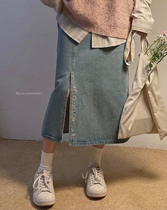 jmwomen vine flower asymmetric denim skirt female retro loose 2021 autumn long half skirt