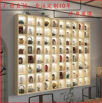 Custom solid wood lattice rack Multi-treasure grid Chinese teapot pottery tea cake display rack creative lattice paving wall storage