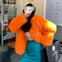 2021 New Orange Beach wool autumn and winter womens long sleeve short fashion fur coat Haining imitation Wool Lamb hair