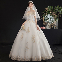 French light main wedding dress 2021 new bridal temperament word shoulder court style simple go out yarn pregnant women summer