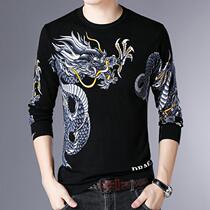 Spring thin Flower sweater mens cashmere sweater young and middle-aged dragon pattern print T-shirt base shirt tide dress