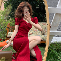 2022 new French style retro dont make a stunning temperament red snowspun hyphens superior woman summer long skirt